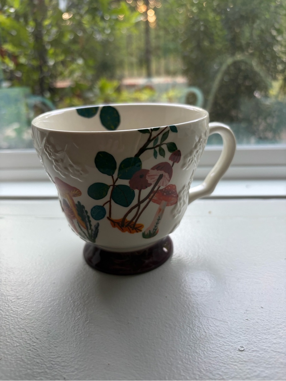 Anthropologie Decorative Mushroom and Leaf Porcelain Teacup in White and Green